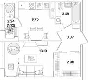 ЖК «Академик», планировка 1-комнатной квартиры, 33.82 м²