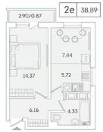 ЖК «Lampo», планировка 1-комнатной квартиры, 38.89 м²