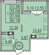 МЖК «Образцовый квартал 13», планировка 1-комнатной квартиры, 35.09 м²