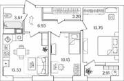 ЖК «БелАрт», планировка 2-комнатной квартиры, 56.68 м²
