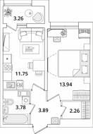 ЖК «БелАрт», планировка 1-комнатной квартиры, 37.25 м²