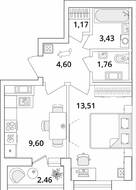 ЖК «Cube», планировка 1-комнатной квартиры, 35.30 м²