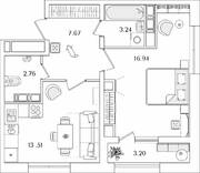 ЖК «БелАрт», планировка 1-комнатной квартиры, 45.72 м²