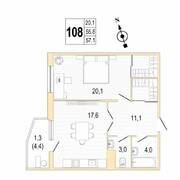 ЖК «Lotos Club», планировка 1-комнатной квартиры, 57.30 м²