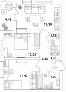 ЖК «Cube», планировка 2-комнатной квартиры, 59.21 м²