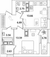 ЖК «БелАрт», планировка 1-комнатной квартиры, 44.97 м²