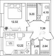 ЖК «БелАрт», планировка 1-комнатной квартиры, 44.30 м²