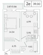 ЖК «Lampo», планировка 1-комнатной квартиры, 39.00 м²