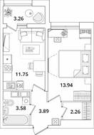 ЖК «БелАрт», планировка 1-комнатной квартиры, 37.05 м²