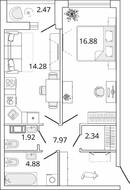 ЖК «Master Place», планировка 1-комнатной квартиры, 49.51 м²