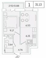 ЖК «Lampo», планировка 1-комнатной квартиры, 31.13 м²