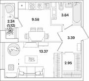 ЖК «Академик», планировка 1-комнатной квартиры, 34.25 м²