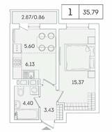 ЖК «Lampo», планировка 1-комнатной квартиры, 35.79 м²