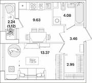 ЖК «Академик», планировка 1-комнатной квартиры, 34.61 м²