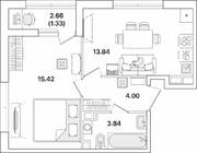 ЖК «Академик», планировка 1-комнатной квартиры, 38.43 м²