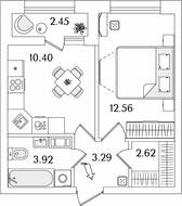 ЖК «БелАрт», планировка 1-комнатной квартиры, 34.02 м²
