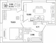 ЖК «Академик», планировка 1-комнатной квартиры, 39.00 м²