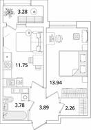 ЖК «БелАрт», планировка 1-комнатной квартиры, 37.06 м²