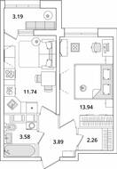 ЖК «БелАрт», планировка 1-комнатной квартиры, 37.01 м²