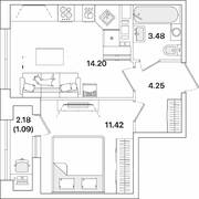 ЖК «Академик», планировка 1-комнатной квартиры, 34.44 м²