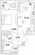 ЖК «Cube», планировка 1-комнатной квартиры, 42.43 м²