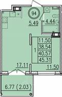 МЖК «Образцовый квартал 13», планировка 1-комнатной квартиры, 38.54 м²