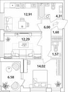 ЖК «Cube», планировка 2-комнатной квартиры, 55.99 м²