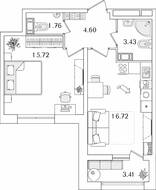 ЖК «БелАрт», планировка 1-комнатной квартиры, 43.94 м²