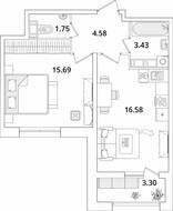 ЖК «БелАрт», планировка 1-комнатной квартиры, 43.40 м²