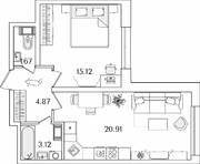 ЖК «БелАрт», планировка 1-комнатной квартиры, 45.69 м²