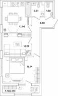 ЖК «Академик», планировка 2-комнатной квартиры, 51.82 м²