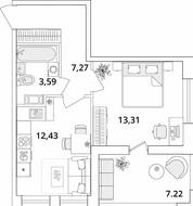 ЖК «Cube», планировка 1-комнатной квартиры, 40.21 м²
