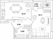 ЖК «Академик», планировка 1-комнатной квартиры, 38.09 м²