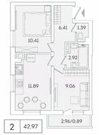 ЖК «Lampo», планировка 2-комнатной квартиры, 42.97 м²