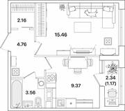 ЖК «Академик», планировка 1-комнатной квартиры, 36.48 м²