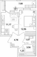 ЖК «Cube», планировка 1-комнатной квартиры, 39.53 м²