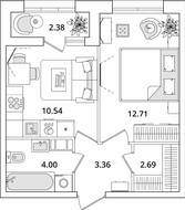ЖК «БелАрт», планировка 1-комнатной квартиры, 34.49 м²