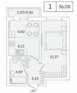 ЖК «Lampo», планировка 1-комнатной квартиры, 36.08 м²