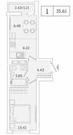ЖК «Lampo», планировка 1-комнатной квартиры, 35.61 м²