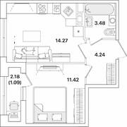 ЖК «Академик», планировка 1-комнатной квартиры, 34.50 м²