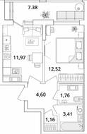 ЖК «Cube», планировка 1-комнатной квартиры, 39.11 м²