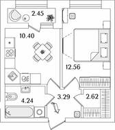 ЖК «БелАрт», планировка 1-комнатной квартиры, 34.34 м²