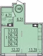 МЖК «Образцовый квартал 13», планировка 1-комнатной квартиры, 36.74 м²