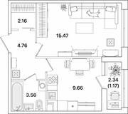 ЖК «Академик», планировка 1-комнатной квартиры, 36.78 м²