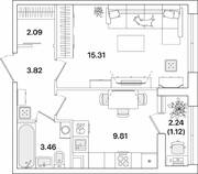 ЖК «Академик», планировка 1-комнатной квартиры, 35.61 м²