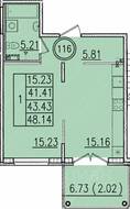 МЖК «Образцовый квартал 13», планировка 1-комнатной квартиры, 41.41 м²