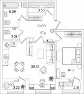 ЖК «БелАрт», планировка 1-комнатной квартиры, 64.84 м²