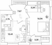 ЖК «БелАрт», планировка 1-комнатной квартиры, 45.62 м²