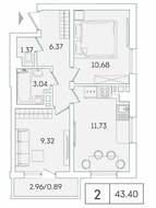 ЖК «Lampo», планировка 2-комнатной квартиры, 43.40 м²