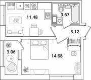ЖК «БелАрт», планировка 1-комнатной квартиры, 34.48 м²
